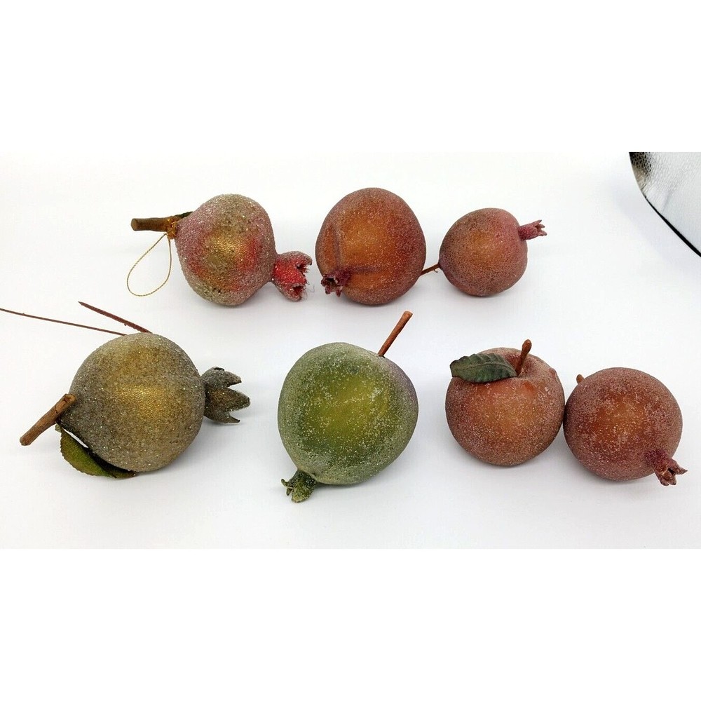 Sugared Faux Fruit Lot of 7 Apple Pomegranates Plastic Red Green Vintage